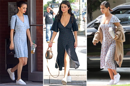 Selena yêu cách mặc váy dài với giày thể thao trắng