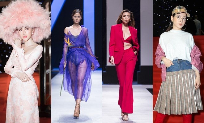 (Từ trái sang phải) Tông màu pastel, chất liệu xuyên thấu vài sheer, những bộ suit và họa tiết kẻ sọc chính là top 4 những xu hướng được sao Việt diện nhiều nhất trong suốt tuần lễ thời trang 2018.