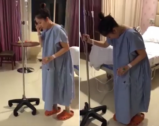 Khánh Thi cố gắng tập đi trong phòng sau ca mổ sinh. Cô bật khóc vì đau đớn. 