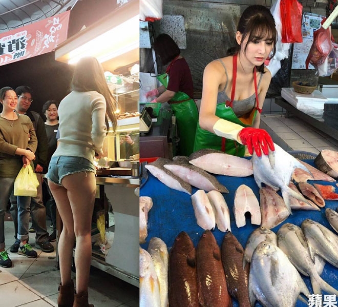 Người mẫu Tiểu Đào (bên trái) và Liu Peng Peng (bên phải) gây chú ý khi đi bán thịt, bán cá